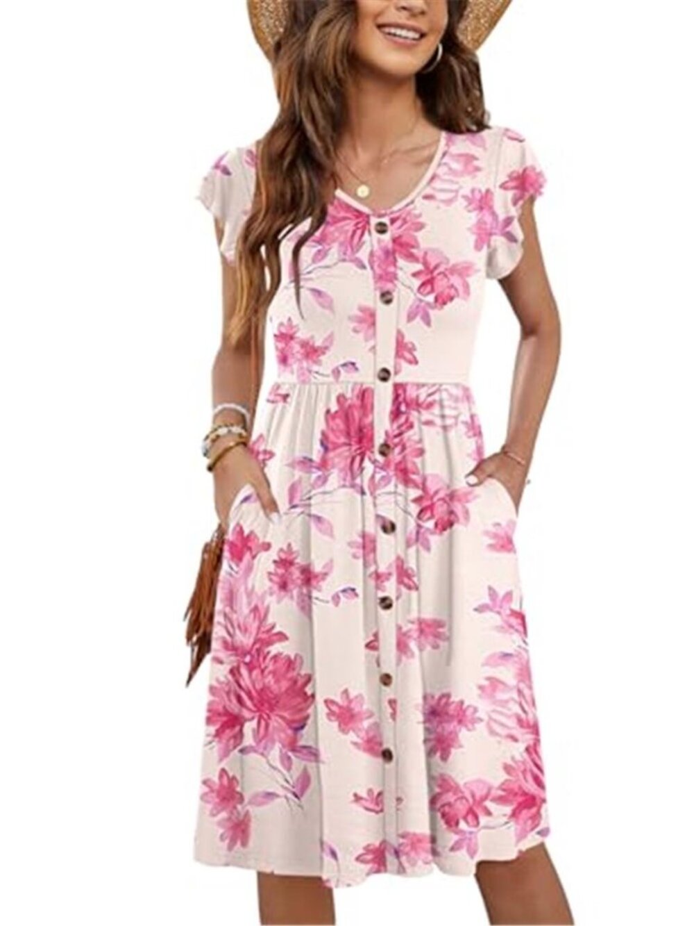 Pink Floral Button Front Midi Dress Cap Sleeve Casual Sundress with Pockets